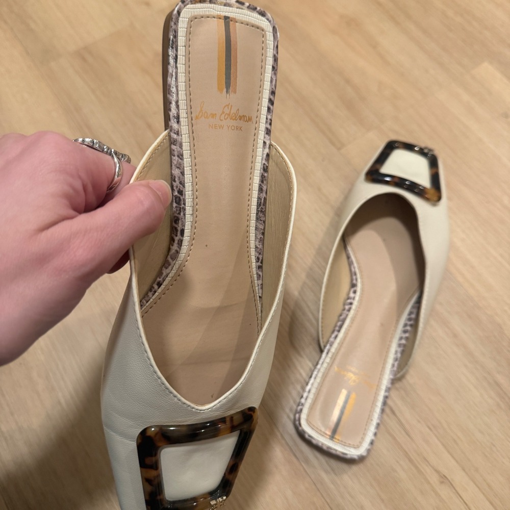 Sam Edelman Jolee Ivory Leather Tortoise Buckle Square Toe Mules Flat Womens 6.5 - Picture 7 of 8